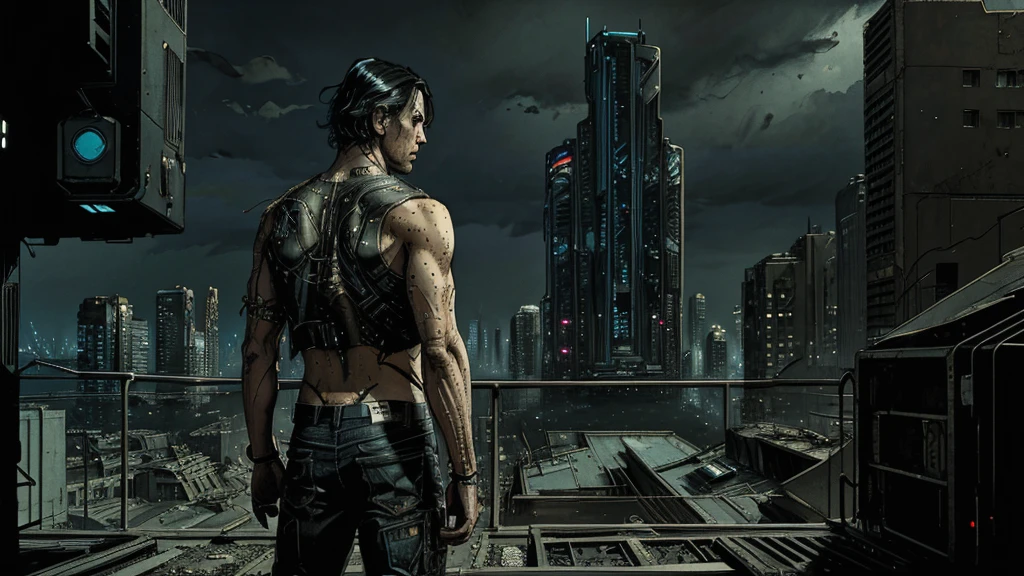 Thin man, black hair wearing dirty and torn clothes, looking at the horizon, in a futuristic/cyberpunk city, cinematic lighting, vanishing point, wide shot, from behind, atmospheric perspective, sideways, Comics Americans, UHD, masterpiece, accurate, anatomically correct, textured skin, super detail, high details, high quality, award winning, best quality, highres