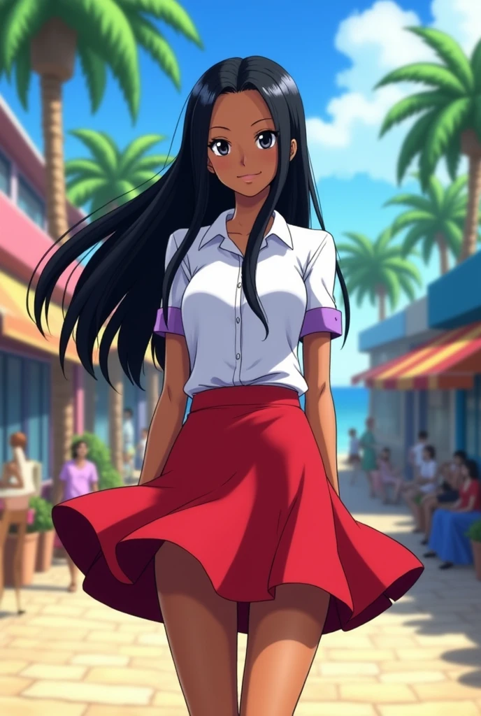 Nico Robin de One Piece, a beautiful girl with straight black hair, chocolate skin, big breasts and a big ass, wearing a white school uniform with a red skirt, showing the purple panties
