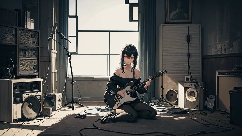 A dimly lit room with worn, dark gray walls sets the scene. A rebellious woman sits cross-legged on the floor, focused on her electric guitar, wearing ripped jeans, a dark graphic tee, and combat boots. The room is sparsely furnished with a small amp, tangled cables, and vinyl records leaning against a wall. A vintage microphone stands unused to the left, and a glowing amplifier hums softly on the right. The muted color palette of grays, deep blues, and blacks, with a faint amber light, adds to the atmosphere of quiet rebellion and introspection, with music as her only escape.