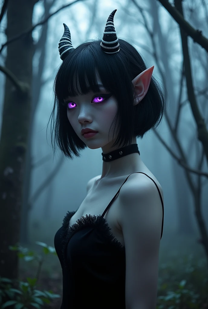 Young and beautiful demon woman, skin as white as snow, glowing purple eyes, black hair in an inverted bob, small white horns, large breasts, pointy ears, wearing a little black dress,  black eyeliner. In a haunted forest. Nsfw, perfect face.