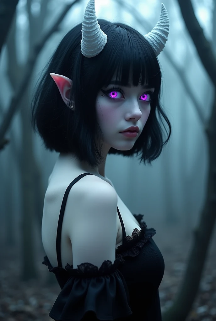Young and beautiful demon woman, skin as white as snow, glowing purple eyes, black hair in an inverted bob, small white horns, large breasts, pointy ears, wearing a little black dress,  black eyeliner. In a haunted forest. Nsfw, perfect face.