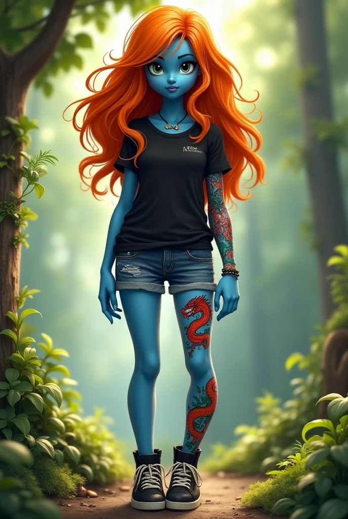 An adult Smurfette with green eyes and orange hair, wearing a black t-shirt and jeans shorts with black sneakers, with a snake tattoo on the arm, a red dragon tattoo on the leg