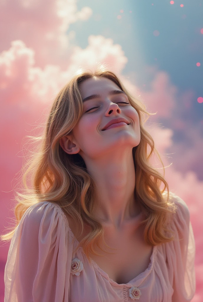 Face front and tilted upwards, young woman, angelic, tender, innocent, female, beautiful and delicate, the face is front and tilted as if wanting to look up, dark blonde hair, White skin, closed eyes, expression of peace and happiness, very saturated colors, front face