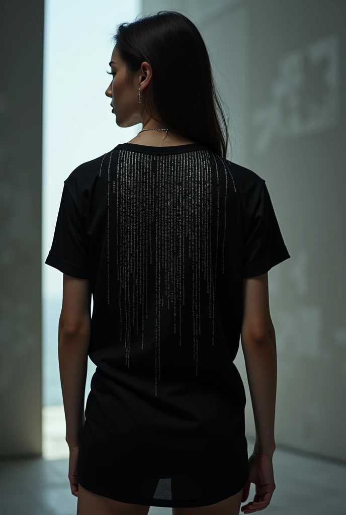 black shirt with binary numbers in gradient underneath the shirt up to the middle of the shirt, i am ?????