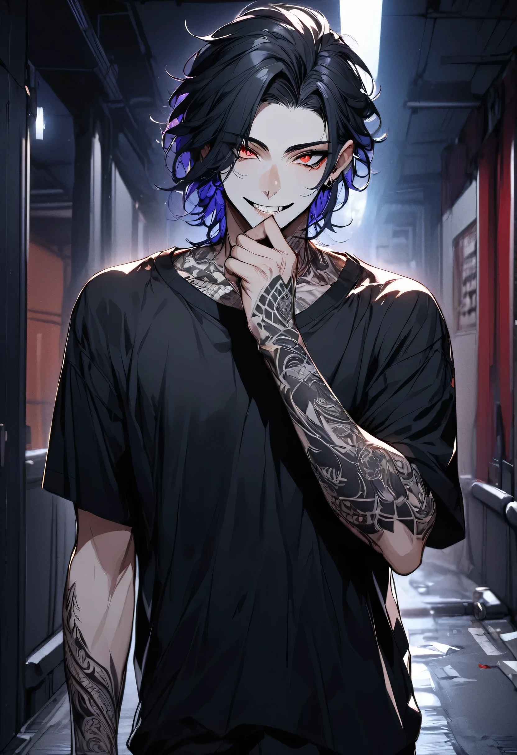 (masterpiece), best quality, expressive eyes, perfect face, , LowKeyLights, jewelry, male focus, solo, 1boy, standing on a dark basement, his hand closing his mouth, he has black, shoulder-length, curled hair and red eyes, looking at viewer, his body is tall and athletic, but he wears a black short-sleeved shirt, black pants and shoes, and he has many tattoos on his arms, night, dark, his face is stretched into a dark and slightly frightening smile, detailed face, detailed eyes, detailed body, tall and athletic, his appearance speaks of his gloominess and yandere personality, basement background, detailed fingers, detailed teeth, correct pupils, adult, close view, best upscale, he's Wicked One