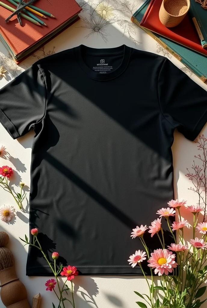 Black cotton t-shirt mockup. various books and pencils and flowers. T-shirt design mockup, t-shirt print presentation mockup