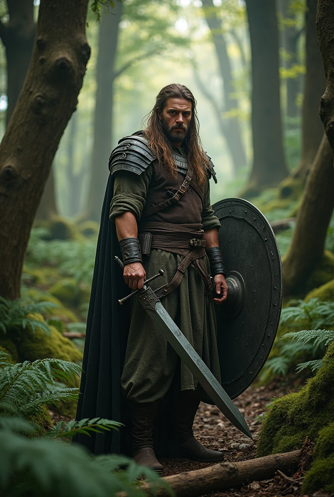 Man in a forest, long light brown hair, scar on the face, looking ahead at viewer, disturbed expression, a sword and shield on the back 
  