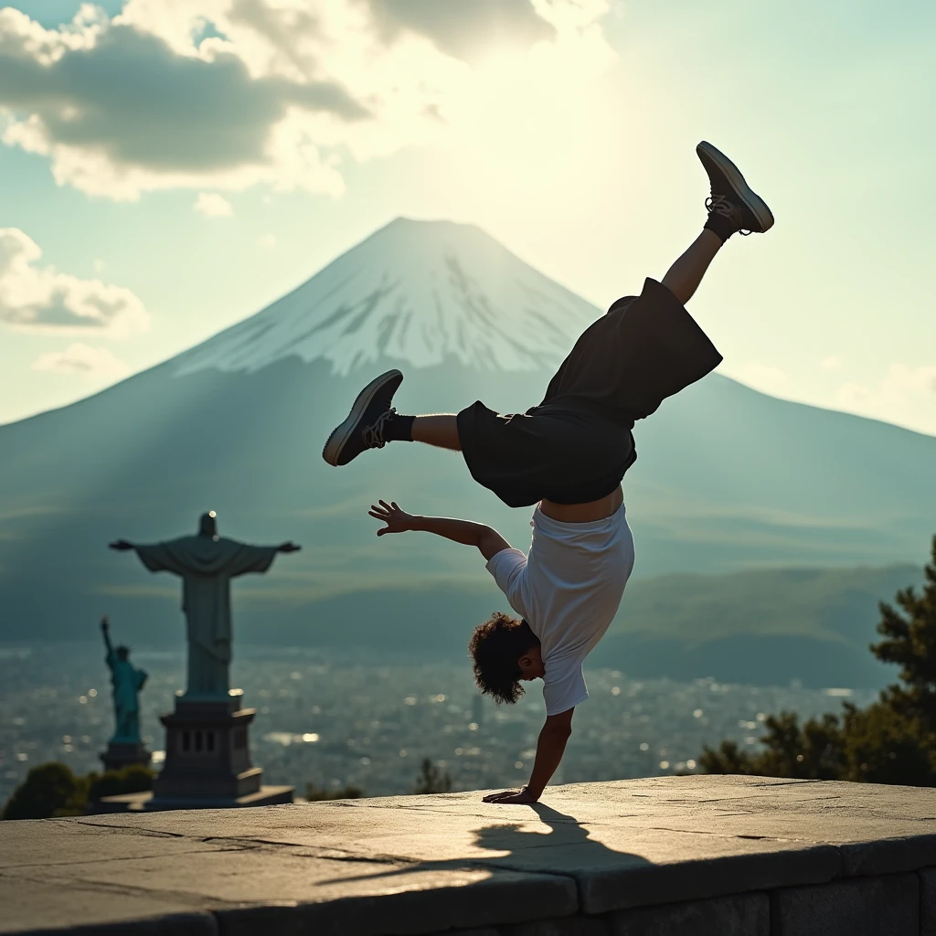 Japanese Bboy dressed in hip hop clothes, performing a breakdance headspin in front of Christ the Redeemer in Rio de Janeiro, with the Statue of Liberty of the United States, with the volcano in sharp focus and the background blurred, creating a cinematic atmosphere. The bboy's pose should convey strength and dynamism, contrasting with the serenity of the mountain. dramatic lighting, with sun rays hitting the bboy and Mount Fuji, Enhancing the Scene. Visual Style: アニメ, cinematographic, realisitic.
