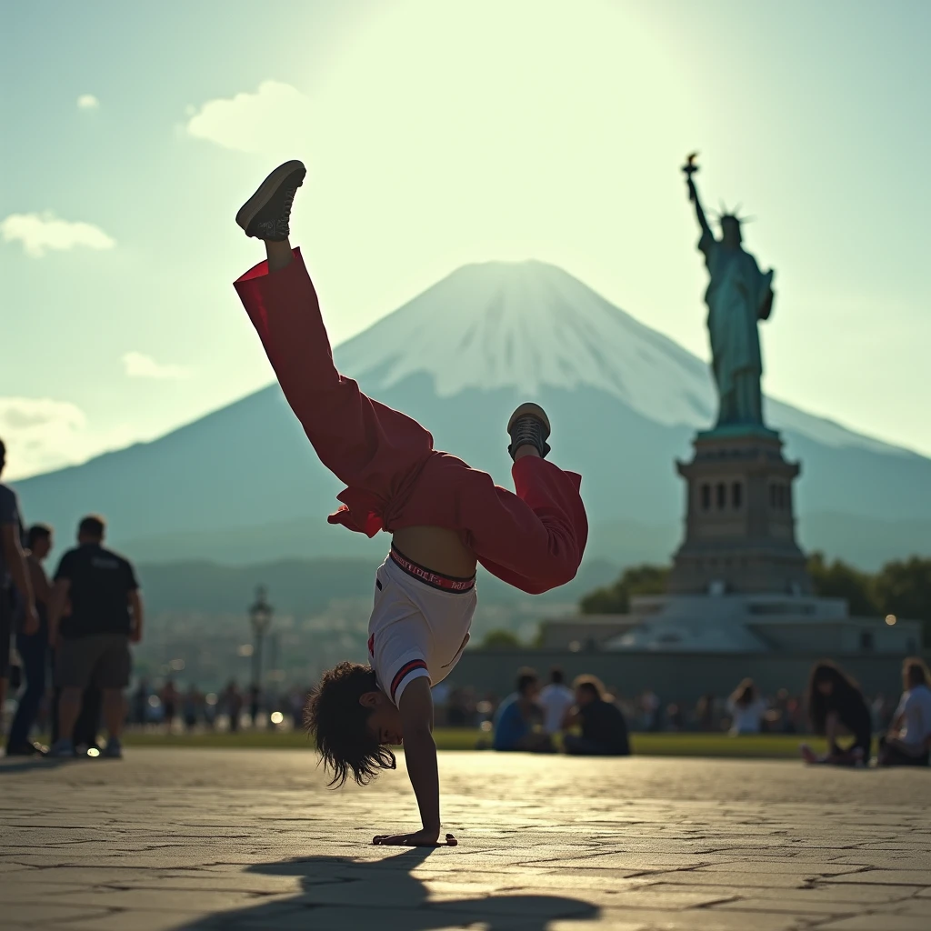 Japanese Bboy dressed in hip hop clothes, performing a breakdance headspin in front of Christ the Redeemer in Rio de Janeiro, with the Statue of Liberty of the United States, with the volcano in sharp focus and the background blurred, creating a cinematic atmosphere. The bboy's pose should convey strength and dynamism, contrasting with the serenity of the mountain. dramatic lighting, with sun rays hitting the bboy and Mount Fuji, Enhancing the Scene. Visual Style: アニメ, cinematographic, realisitic.