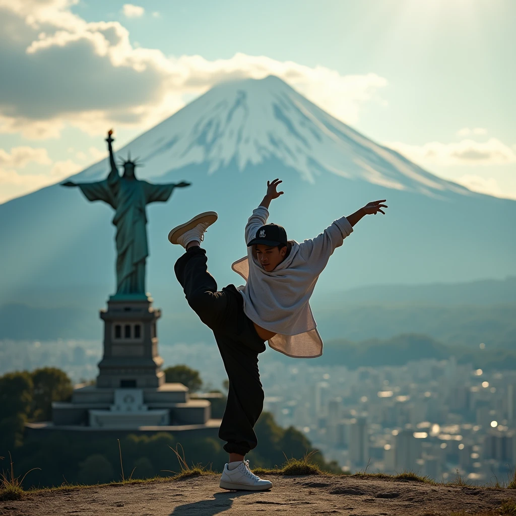 Japanese Bboy dressed in hip hop clothes, performing a breakdance headspin in front of Christ the Redeemer in Rio de Janeiro, with the Statue of Liberty of the United States, with the volcano in sharp focus and the background blurred, creating a cinematic atmosphere. The bboy's pose should convey strength and dynamism, contrasting with the serenity of the mountain. dramatic lighting, with sun rays hitting the bboy and Mount Fuji, Enhancing the Scene. Visual Style: アニメ, cinematographic, realisitic.