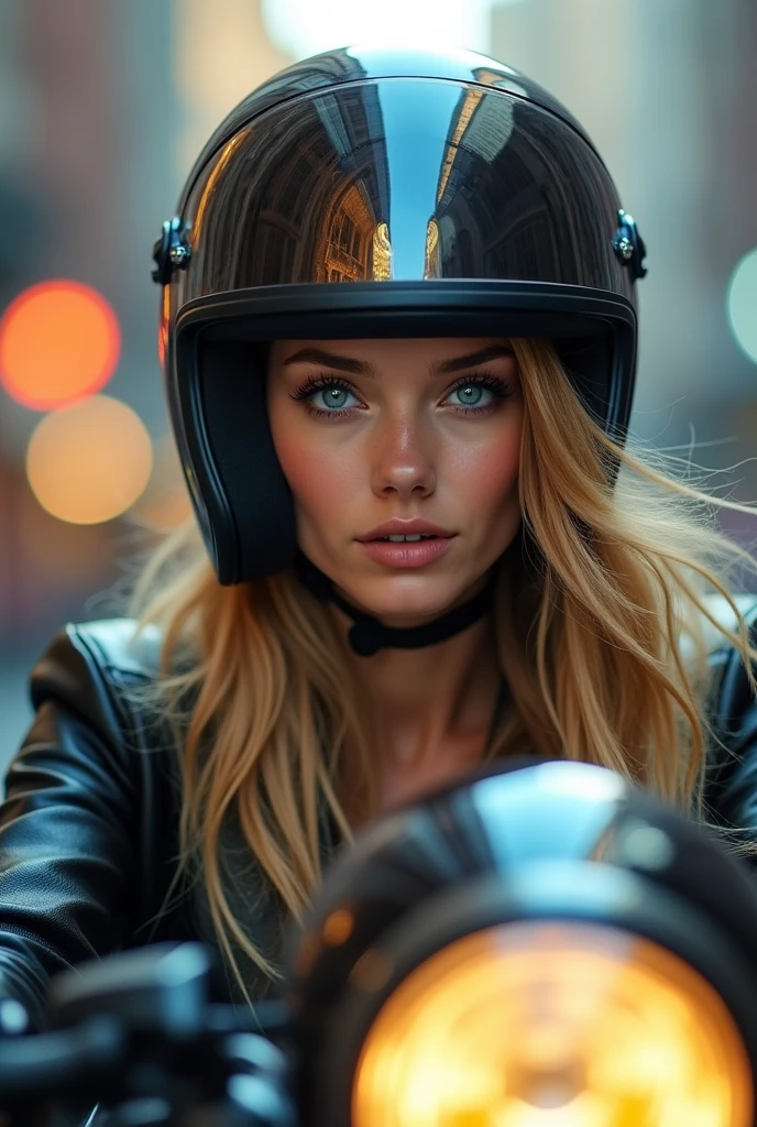beautiful detailed eyes, beautiful detailed lips, extremely detailed eyes and face, long eyelashes, 1girl, beautiful young woman, 20 years old, long blonde hair, blue eyes, high cheekbones, ((full body)), rides a motorcycle, wearing a motorcycle helmet, full body shot, realistic, photorealistic, photo-realistic:1.37, (best quality,4k,8k,highres,masterpiece:1.2),ultra-detailed, HDR, UHD, studio lighting, ultra-fine painting, sharp focus, physically-based rendering, extreme detail description, professional, vivid colors, bokeh