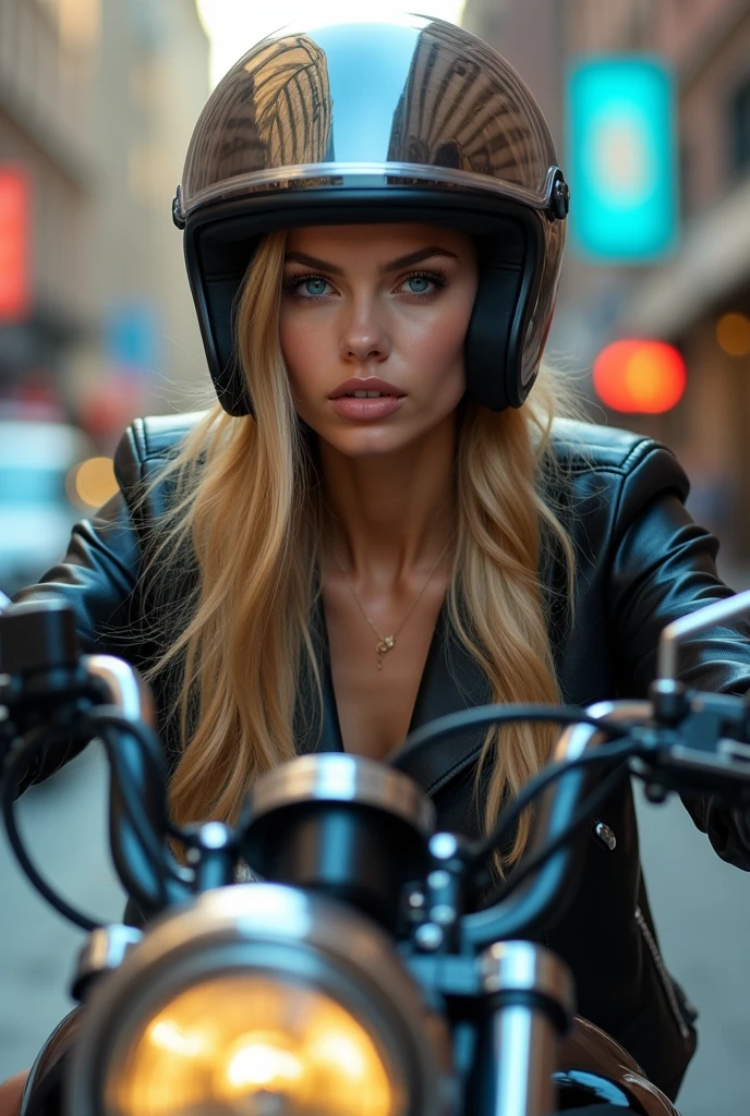 beautiful detailed eyes, beautiful detailed lips, extremely detailed eyes and face, long eyelashes, 1girl, beautiful young woman, 20 years old, long blonde hair, blue eyes, high cheekbones, ((full body)), rides a motorcycle, wearing a motorcycle helmet, full body shot, realistic, photorealistic, photo-realistic:1.37, (best quality,4k,8k,highres,masterpiece:1.2),ultra-detailed, HDR, UHD, studio lighting, ultra-fine painting, sharp focus, physically-based rendering, extreme detail description, professional, vivid colors, bokeh
