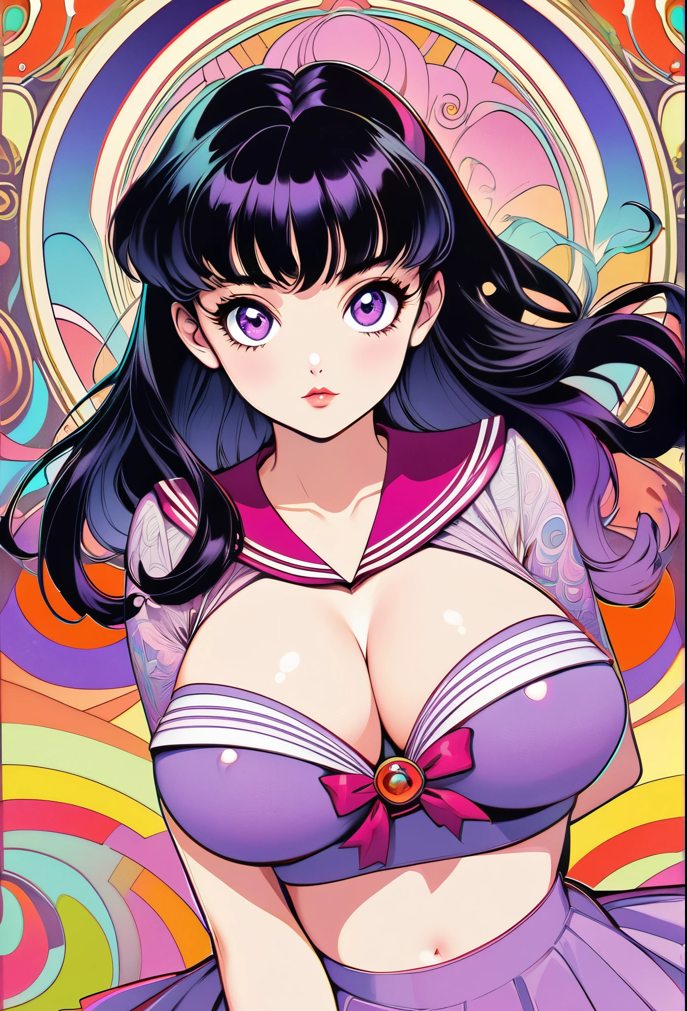 thick sailor mars, black hair, purple highlights, purple eyes, arms at sides, kawaii, cute overload, 60s psychedelic anime style, funky, trippy, playful, pastel color palette, art nouveau, art deco, pop art, absurdres, highres, ultra detailed, big tits, cleavage, realistic depiction