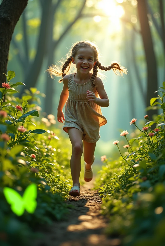 Girl in the forest running, braid, smiley, Futurism, Futurism, panorama, Ultra-Wide Angle, masterpiece, textured skin