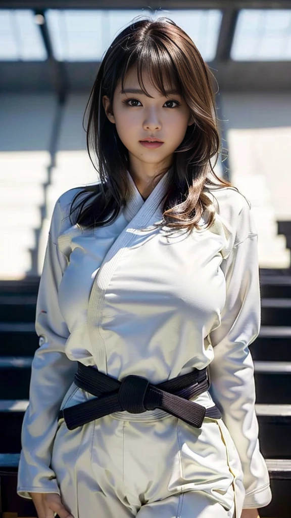 masterpiece, Highest quality,16K, Ultra-high resolution,The light and shadow of reality,Cinema Lenses,(((Very firm and shapely beautiful large breasts))),((High nose、Small Mouth)),((Clean and slim face line)),((Big dark eyes with long eyelashes)),((Very small face)),((((She is very thin and has a great figure)))),((Pure white beautiful skin)),((Cute Japan)),((((She is wearing a long-sleeved Judo uniform.)))),((((Black belt)))),(((Detailed clothing))),((White Judo Pants)),((((At the Judo venue )))),(Beautiful Eyes:1.1),Reflecting clear eyes and a gentle smile,