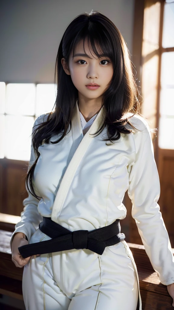 masterpiece, Highest quality,16K, Ultra-high resolution,The light and shadow of reality,Cinema Lenses,(((Very firm and shapely beautiful large breasts))),((High nose、Small Mouth)),((Clean and slim face line)),((Big dark eyes with long eyelashes)),((Very small face)),((((She is very thin and has a great figure)))),((Pure white beautiful skin)),((Cute Japan)),((((She is wearing a long-sleeved Judo uniform.)))),((((Black belt)))),(((Detailed clothing))),((White Judo Pants)),((((At the Judo venue )))),(Beautiful Eyes:1.1),Reflecting clear eyes and a gentle smile,