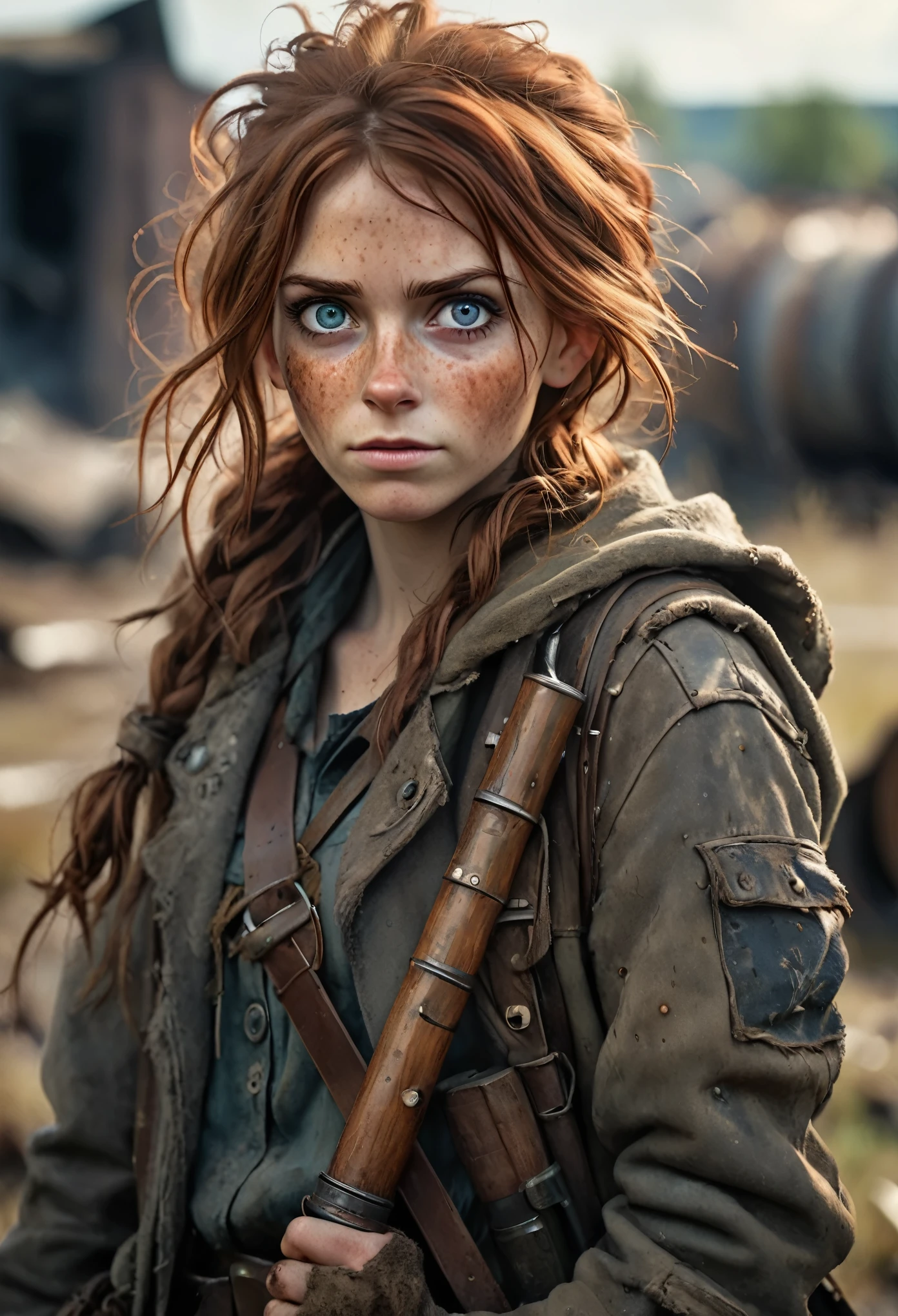 (Realistic:1.2), ultra detailed, modern analog style, photorealistic cute woman, chestnut hair, tattered outwear, post-apocalyptic, detailed face, beautiful eyes, (shy smile:0.7), freckles, holding a big staff, exhausted after another battle, dramatic, vibrant, sharp focus, looking directly to the camera, centered image, elegant, approaching perfection, hyper realystic, bokeh, cannon 6d, blured post-apocalyptic background 