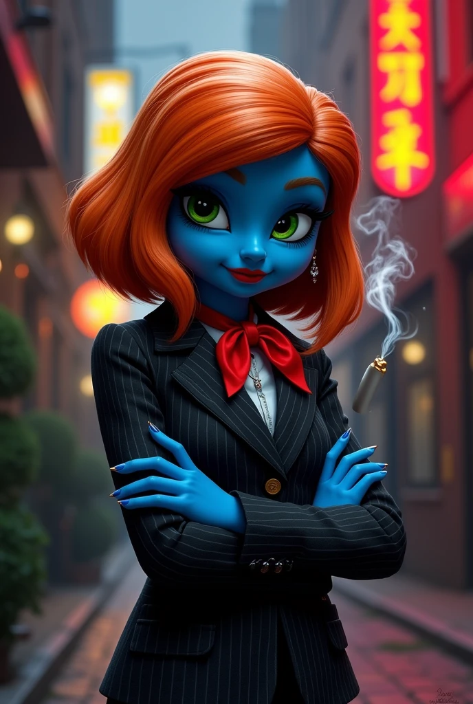 An adult Smurfette with green eyes and orange hair, mafia