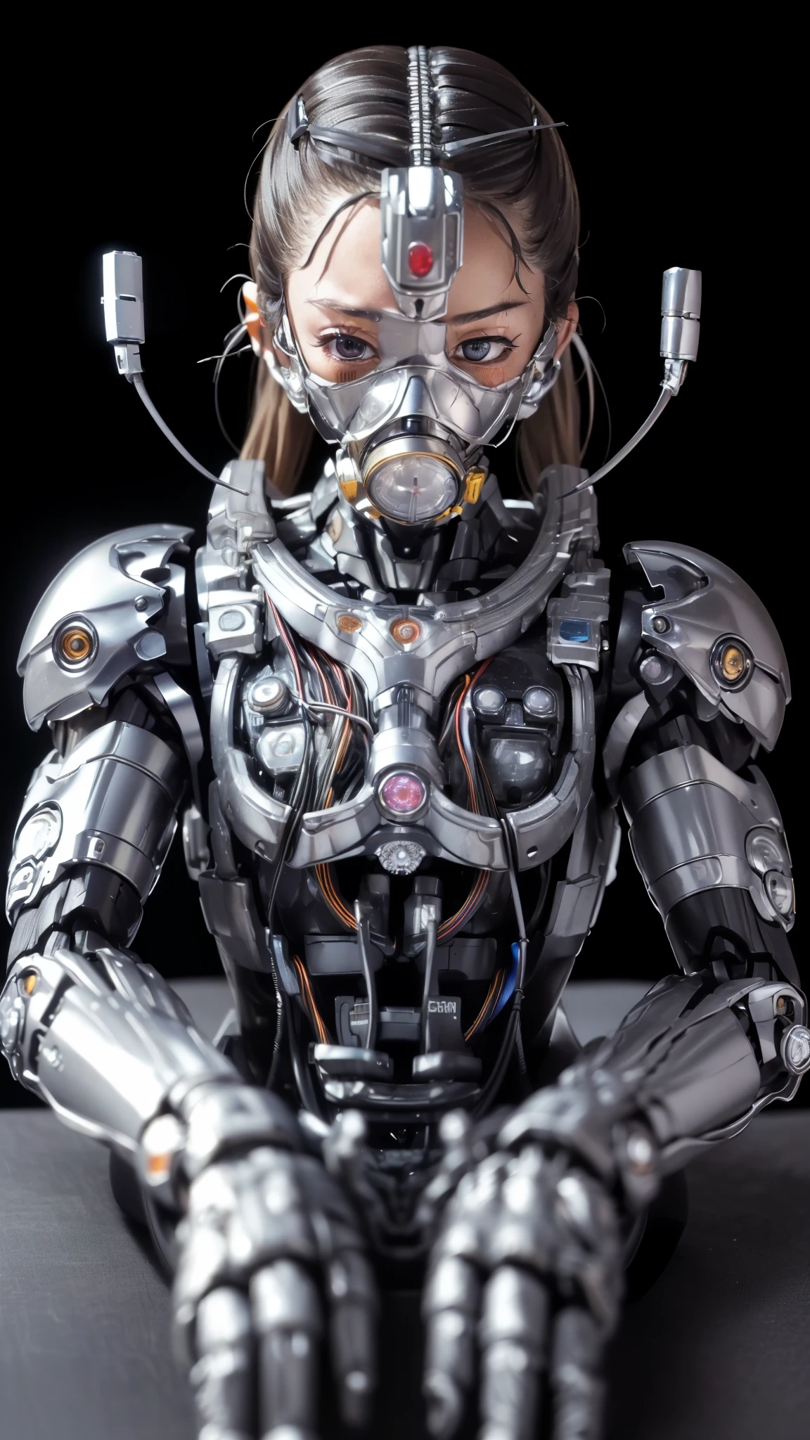 (((masterpiece))), (((Highest quality))), ((Very detailed)), (Highly detailed CG illustrations), ((close your eyes)), ((gas mask)), ((bare hands)) ((Very delicate and beautiful)),(Cute and delicate face),Cinematic Light,((1. Machine Girl)),alone,whole body,(Machine made joints:1.4),((Mechanical Limbs)),(Blood vessels connected to tubes),((Mechanical vertebrae attached to the back)),((Cervical vertebrae mechanically attached to the neck)),((Sitting)),Feel the expression,(Wires and cables connecting the head and body:1.5),(Character Focus),SF Black Hair　Sweaty face　cute