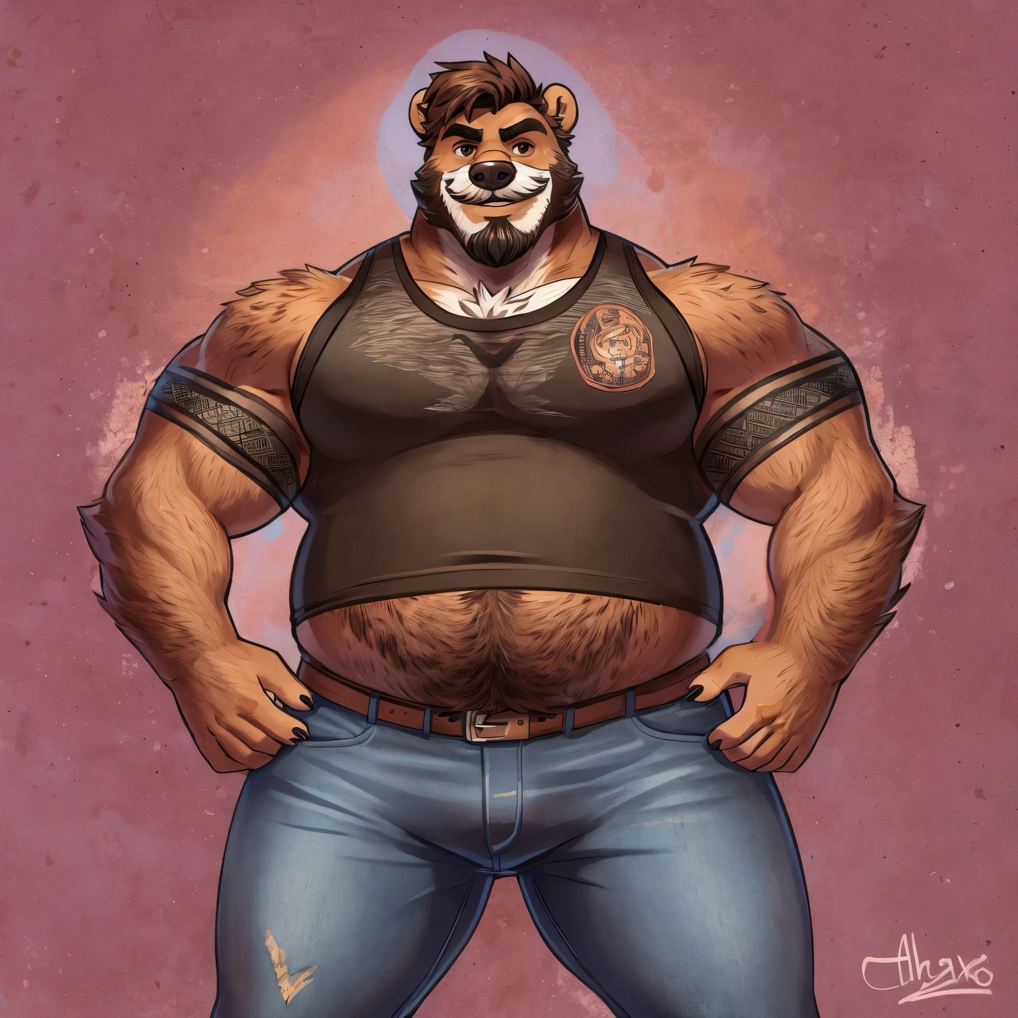 male semianthro grizzly bear, brown eyes, friendly, humanoid,punky,middle-aged,smile,full-body shot,tight tank top,tight jeans,shaggy chin,mustache,soft body,chubby,dad bod,sexy