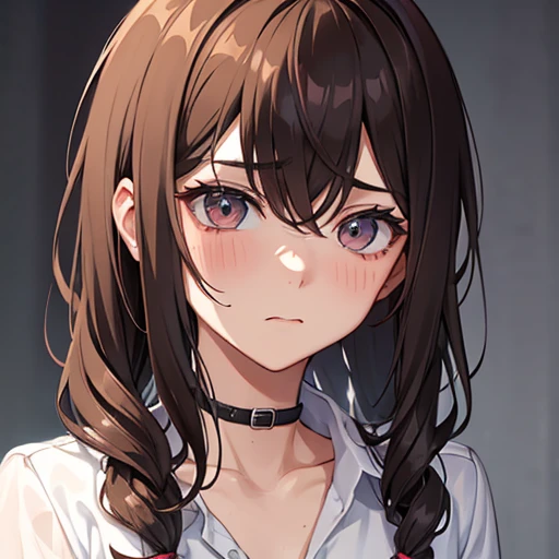 A boy halfway in transforming into a girl, scared look, serounded by girls, in pain, dark brown hair