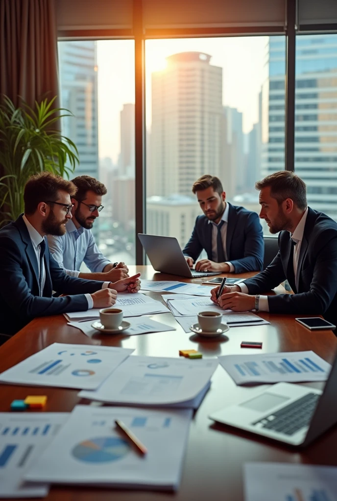 I want an image of a bunch of partners with a lot of paperwork sitting at a table