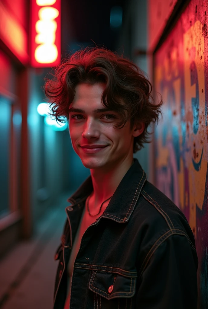 Man of approximately 25 years of age,smile, pale skin, brown eyes, somewhat long and slightly curly brown hair, thin nose,In the style of the series "The Boys"
