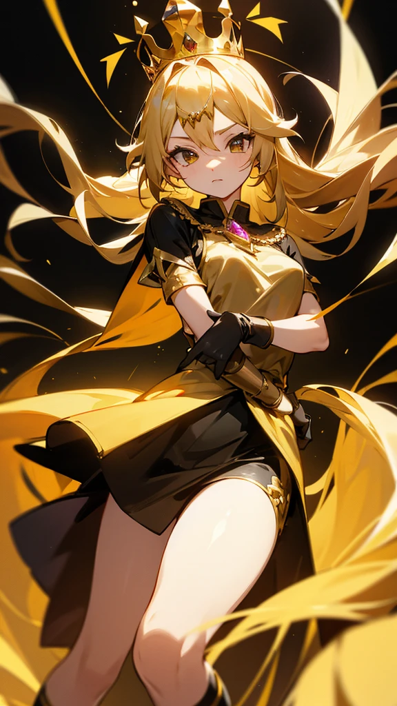 a girl, wearing a golden crown with a gem, long hair, wearing short top, wearing short, wearing long black socks, wearing gloves, high details