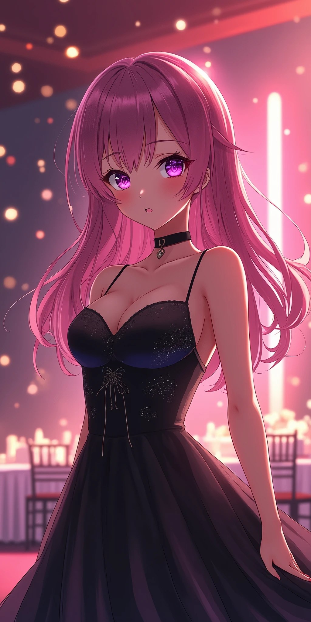(best quality, ultra-detailed, photorealistic: 1.39), bright and vibrant colors, studio lighting, romantic expression, An effeminate girl, with a delicate and beautiful face. She is a girl who reflects seductive beauty, sparkling eyes, She is a modern woman with dark pink hair, she wears a beautiful crystal clear black dress, strap around the neck, sleeveless, she has sparkling purple eyes,in a ballroom, tables and chairs on stage , she is in love, anime style, Anime Bishoujo