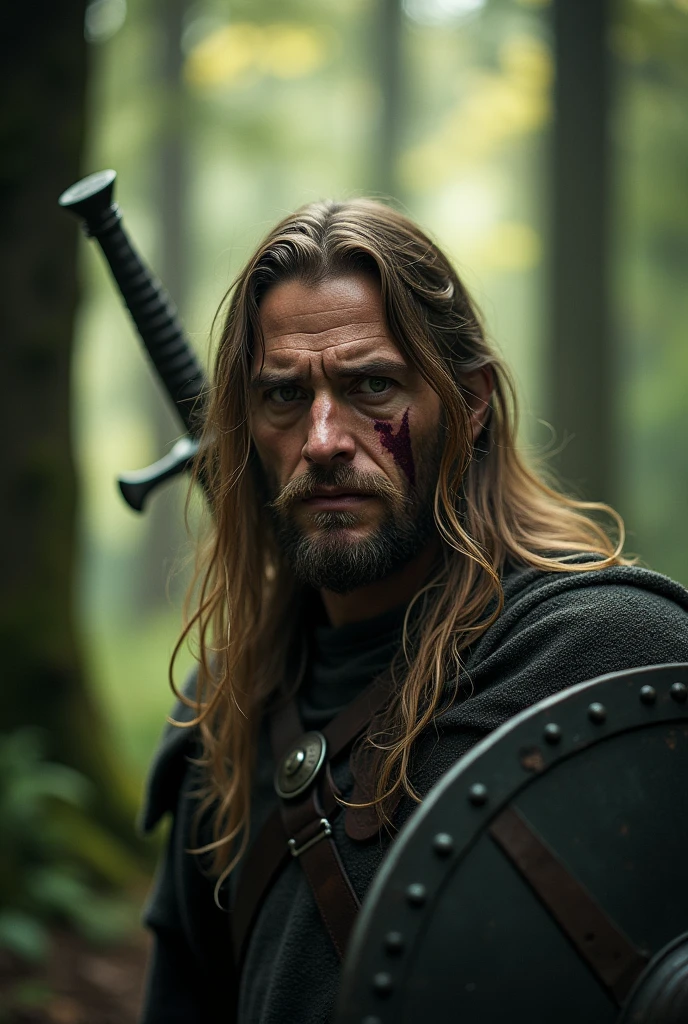 Man in a forest, long light brown hair, scar on the face, looking ahead at viewer, disturbed expression, a sword and shield on the back, completely focus on the face