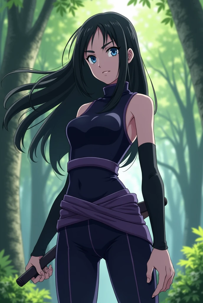 Screenshot, naruto anime style, A girl, medium height, White skin, blue eyes, long black hair loose, no bangs, purple and black ninja clothing, In a forest