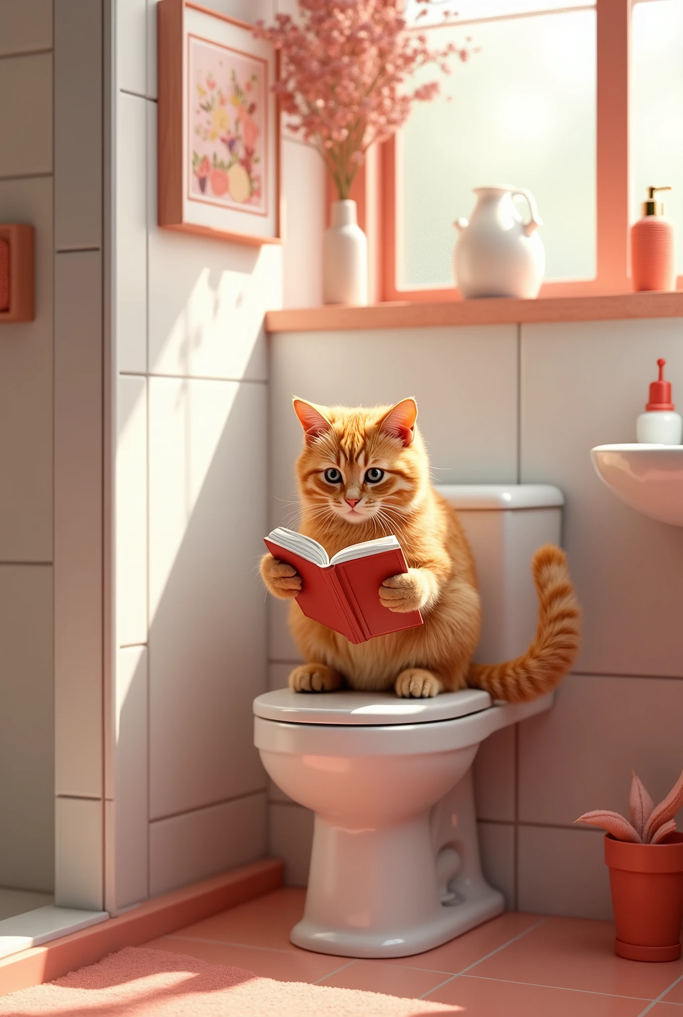 (photorealism:1.2), orange tabby cat reading a book, sitting on the toilet of a modern bathroom with salmon-colored decor