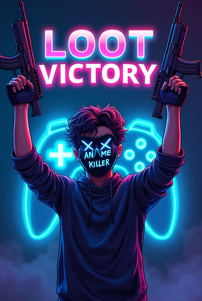 This is a garning logo that features the name "Loot Victory" in a futuristic font and a neon blue color. and Boy wear  a mask on his  face with written Anime killer The logo also has a stylized controller Icon and a  play button in the background and boy is catching a sub machine gun with hands up stylish. The logo is designed to be attractive and eye-catching, and to appeal to gaming enthusiasts and YouTube .