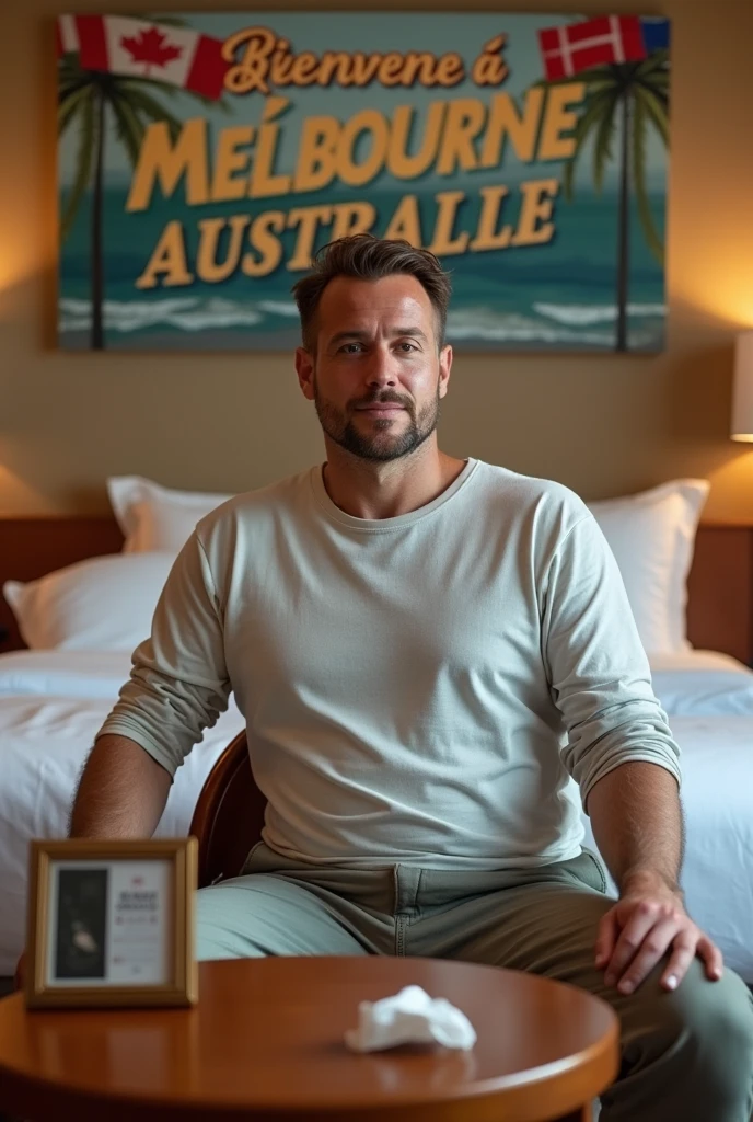Homme caucasien grand de taille, charmant, un peu costaud, habillé en pantalon et tee-shirt manche longue, assis ou adossé sur une table dans une grande chambre d'hôtel et sur la table sur laquelle est assis ou adossé le charmant homme il faut qu'il y ait un papier mouchoir déjà utilisé sur la table et sur le lit de l'hôtel qu'il soit déposer un cadre photo grand ou moyen qu'il est possible de faire arrêter sur le lit et faire face à la caméra et sur le mur du chevet du lit un tableau sur lequel il est écrit en français : Bienvenue à Melbourne AUSTRALIE et autour de la phrase qu'il y ait les emblèmes du Canada Québec ou le drapeau du Canada Québec