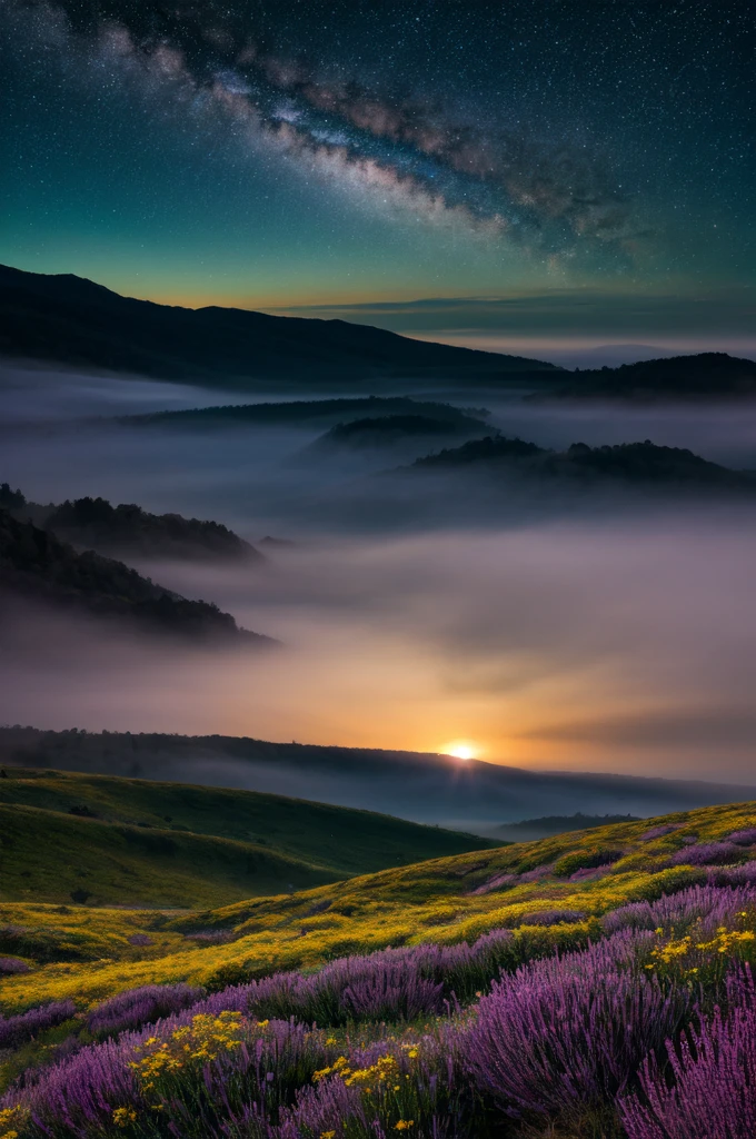 Celestial Meadow Fantasy Wallpaper in 4K quality, ethereal watercolor style, featuring a vast, open meadow under a sky painted with swirling nebulae and distant galaxies, delicate wildflowers glowing softly in the moonlight, and floating islands hovering above the horizon; cool blues and purples blending with warm golden hues, a tranquil, otherworldly ambiance, no human characters, dreamy and expansive mood --v 5 --stylize 1000