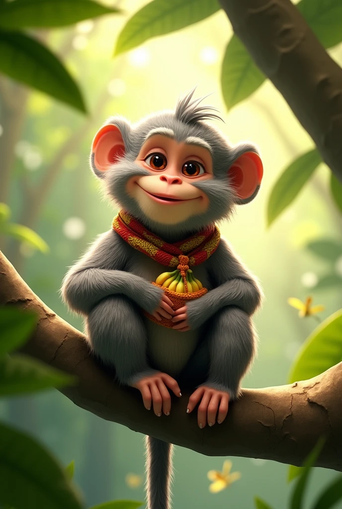 Create an animated image of a grandfather monkey with a sling on his left shoulder