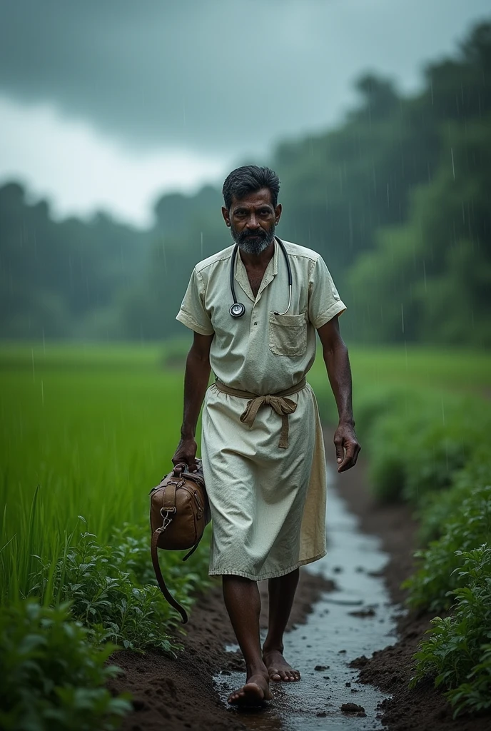 Returning Journey: Dr. Sudhir wearing white apron and stethoscope trekking back through the rain with the medicine tightly secured.