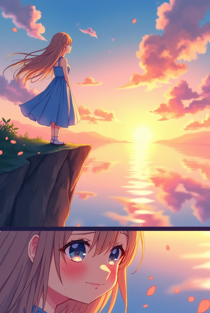 A 3-panel comic about an anime girl in a blue dress, depicting a farewell.