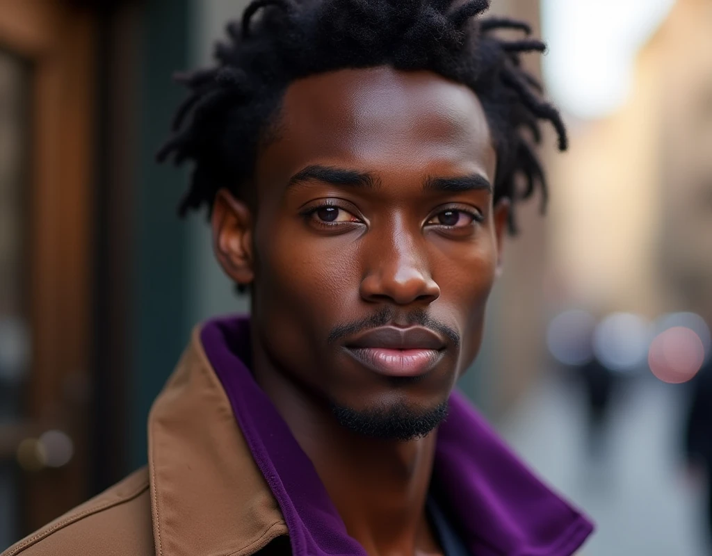 headshot of a very tall French-Nubian featured male model, relaxed waves parted to the side hair, clean shaven face, toned body, ebony skin, vibrant purple eyes, tall thin toned body. Kind expression. Wearing brown and purple clothes.