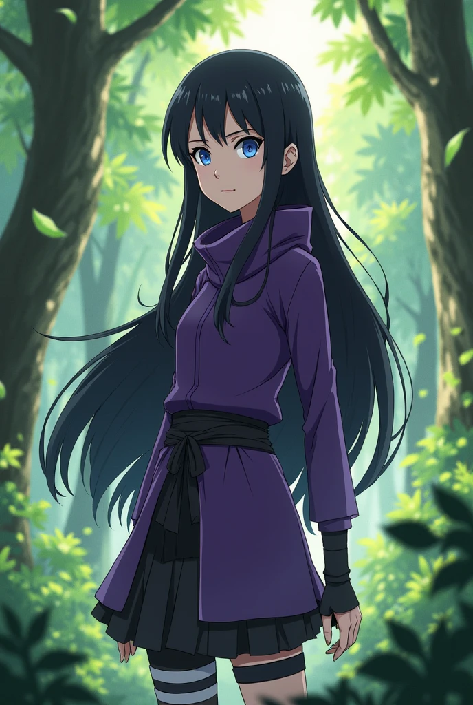 Screenshot, naruto anime style, A girl, medium height, White skin, blue eyes, long black hair loose, no bangs, purple and black ninja clothing, In a forest