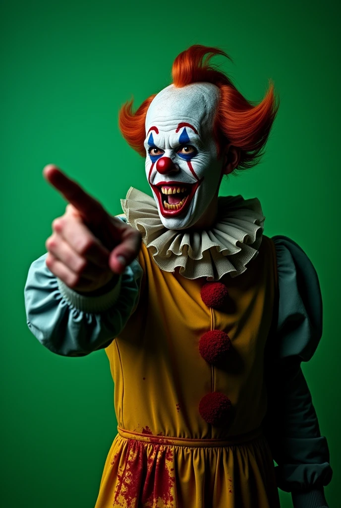 A 45-year-old man dressed as a terrifying clown, with smudged makeup, sharp, blood-stained teeth, and gruesome blood splatters on his face. His expression is intensely horrifying, with twisted, evil features that make his face 1,000 times more frightening. He wears a clown hat and has glowing, terrifying eyes. He's dressed in blood-stained clown clothes, standing closer to the camera, pointing to the left with a sinister, sad expression, against a green chroma key background