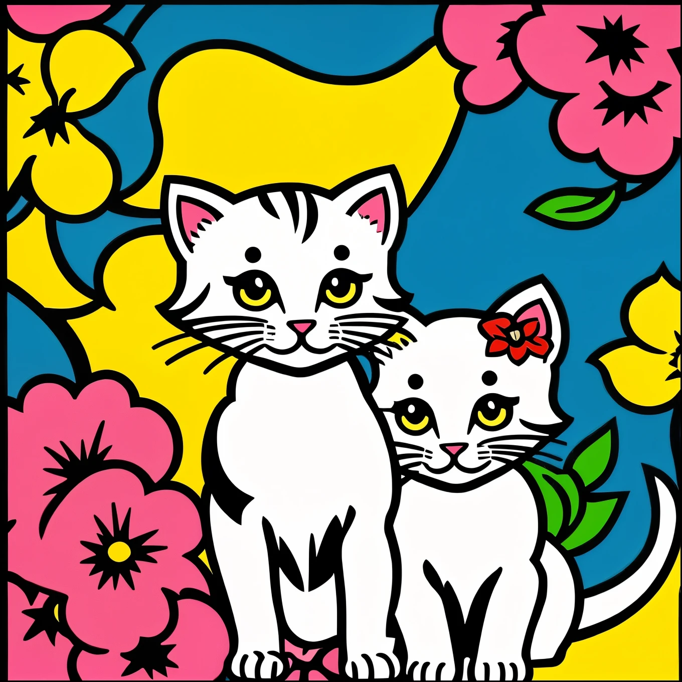 Two kittens and flowers, by Roy Lichtenstein, pop art