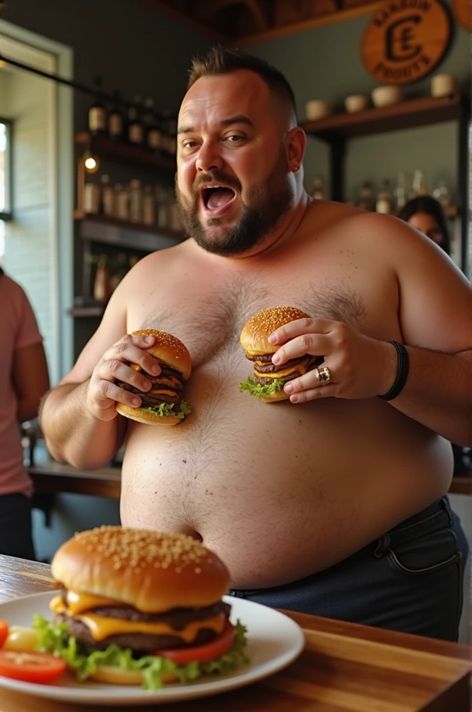 fat people are eating hamburgers, with your gluttony