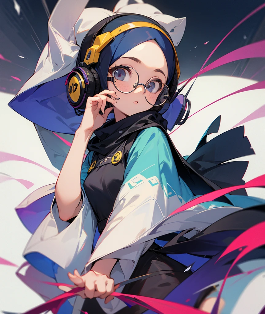 A cute 18 years old girl , wearing long frock and hijab , glasses and headphone on head