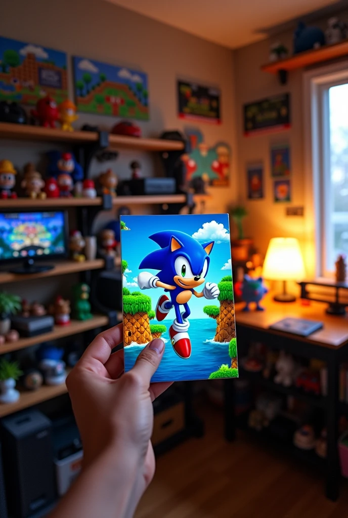 I'm in a room holding the Sonic game case.
