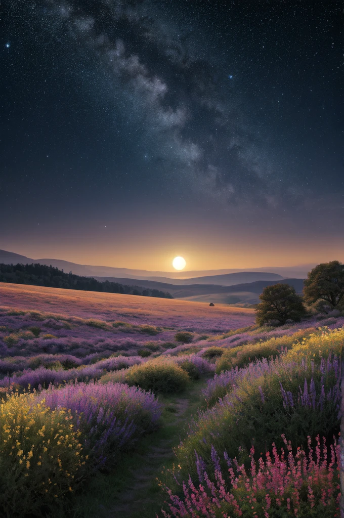 Celestial Meadow Fantasy Wallpaper in 4K quality, ethereal watercolor style, featuring a vast, open meadow under a sky painted with swirling nebulae and distant galaxies, delicate wildflowers glowing softly in the moonlight, and floating islands hovering above the horizon; cool blues and purples blending with warm golden hues, a tranquil, otherworldly ambiance, no human characters, dreamy and expansive mood --v 5 --stylize 1000