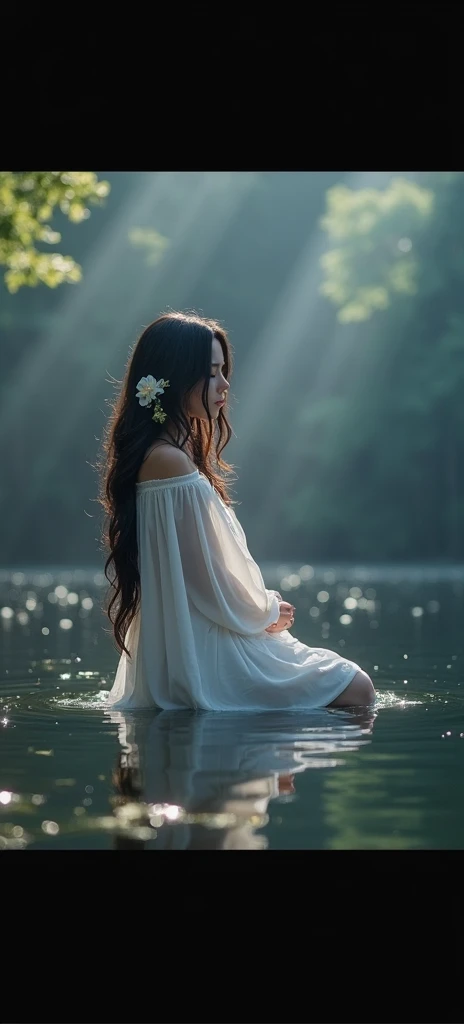 A woman, with dark hair and white flowers in her hair, in a lake with green hues and the strong sunlight between the trees from behind illuminating with flashes of light from behind the dark green forest, bent down hugging her body inside the lake to the chest, holding her right arm with her left arm, with sunlight in her hair