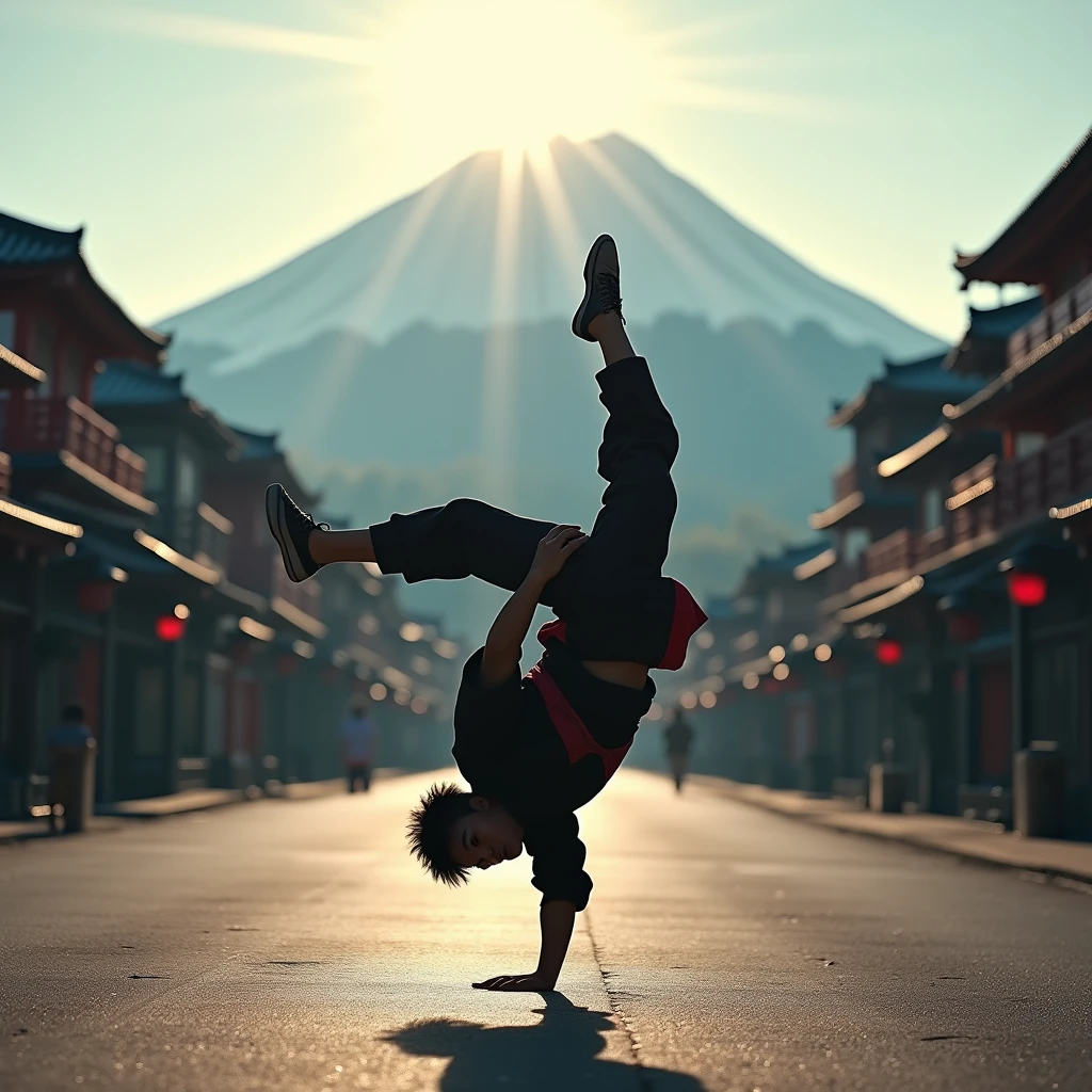 Japanese Bboy dressed in hip hop clothes, executing a breakdance backflip in front of the buildings, with the volcano in sharp focus and the background blurred, creating a cinematic atmosphere. The bboy's pose should convey strength and dynamism, contrasting with the serenity of the mountain. dramatic lighting, with sun rays hitting the bboy and Mount Fuji, Enhancing the Scene. Visual Style: アニメ, cinematographic, realisitic.