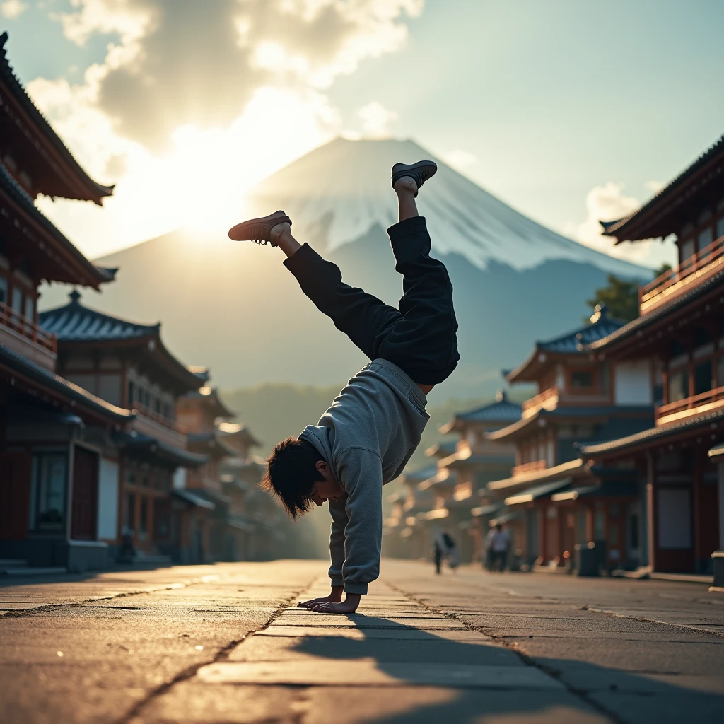 Japanese Bboy dressed in hip hop clothes, executing a breakdance backflip in front of the buildings, with the volcano in sharp focus and the background blurred, creating a cinematic atmosphere. The bboy's pose should convey strength and dynamism, contrasting with the serenity of the mountain. dramatic lighting, with sun rays hitting the bboy and Mount Fuji, Enhancing the Scene. Visual Style: アニメ, cinematographic, realisitic.