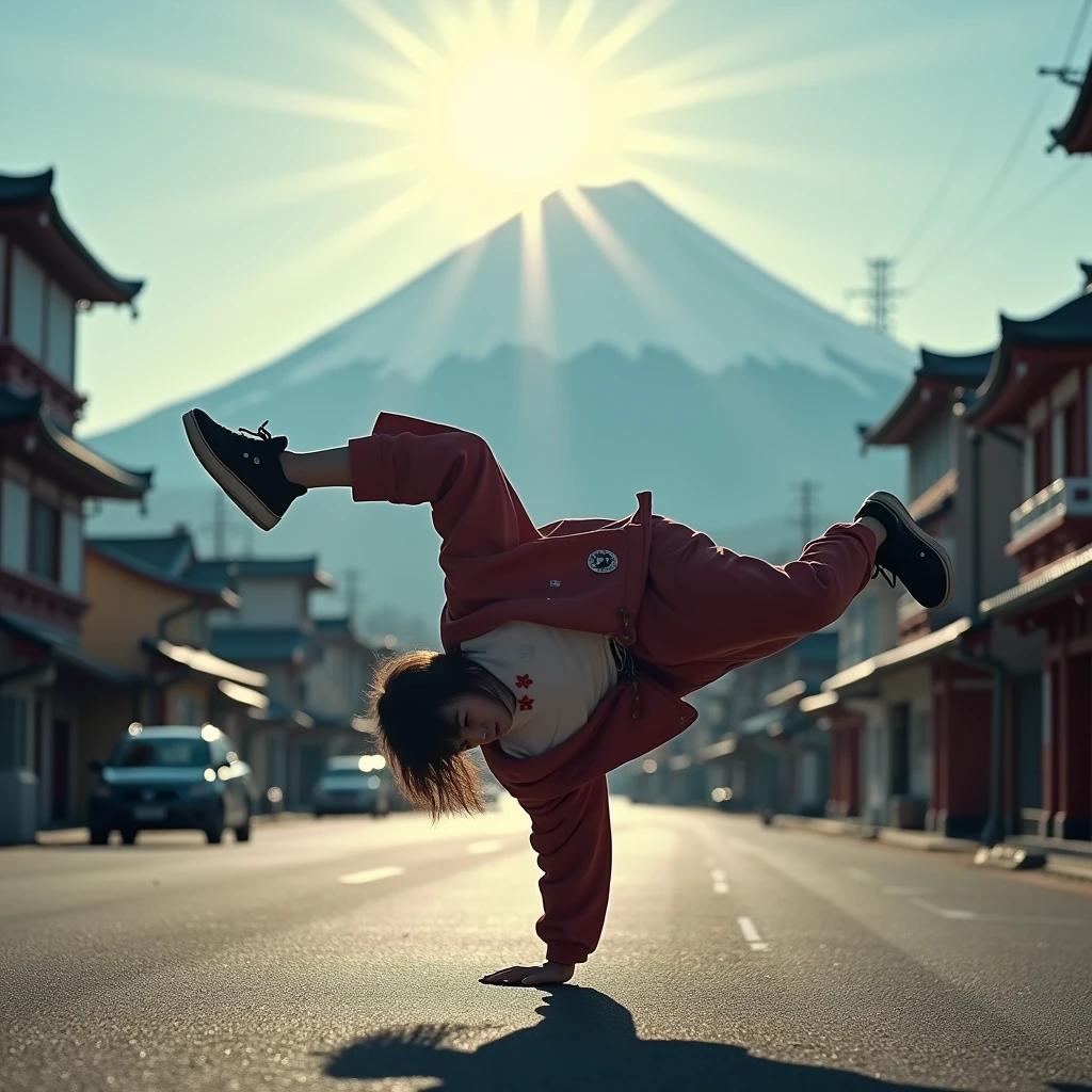 Japanese Bboy dressed in hip hop clothes, executing a breakdance backflip in front of the buildings, with the volcano in sharp focus and the background blurred, creating a cinematic atmosphere. The bboy's pose should convey strength and dynamism, contrasting with the serenity of the mountain. dramatic lighting, with sun rays hitting the bboy and Mount Fuji, Enhancing the Scene. Visual Style: アニメ, cinematographic, realisitic.
